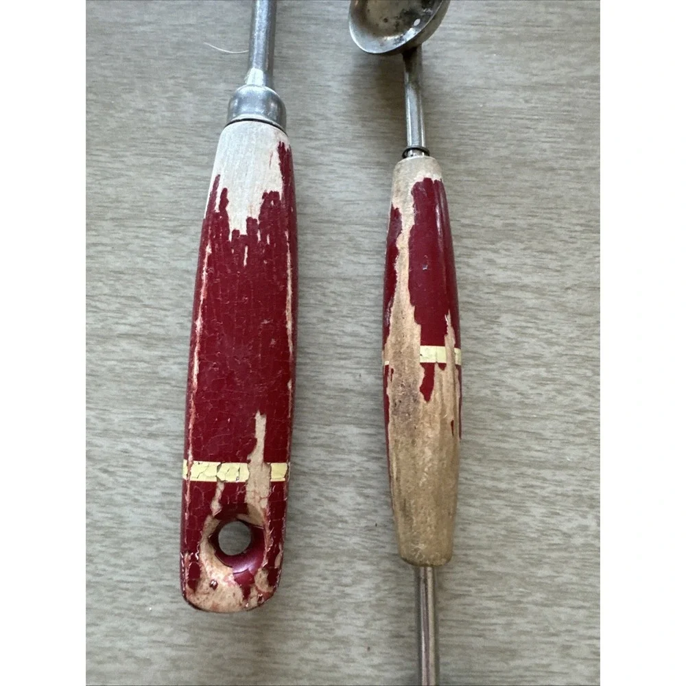 Vtg A&J Slotted Kitchen Spatula Flipper Ekco A&J Melon Baller Red Wood Handles